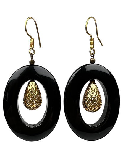 Onyx Oval Ring Earrings, Gold Plated