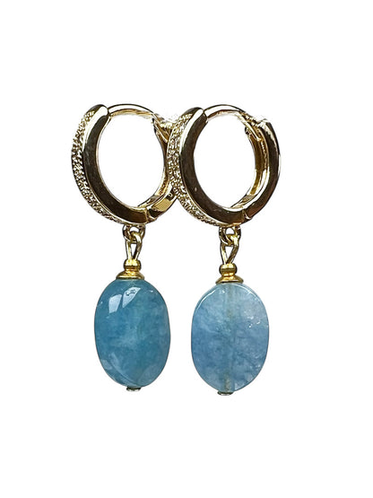 Aquamarine Hoop Drop Earrings, Gold Plated