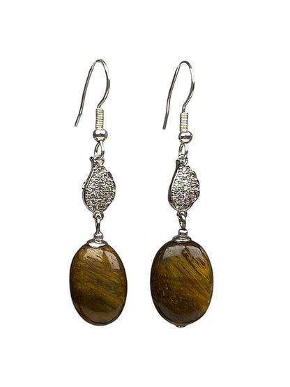 Tiger Eye Oval Drop Earrings, Silver-Tone