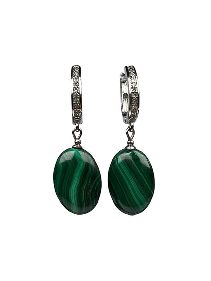 Malachite Oval Drop Earrings, Silver-Tone