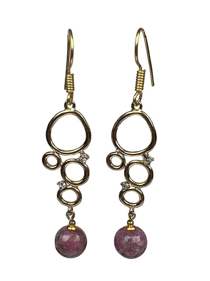 Pink Tourmaline Circle Link Earrings, Gold Plated