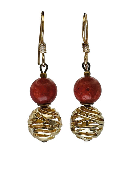 Red Coral Filigree Ball Earrings, Gold Plated