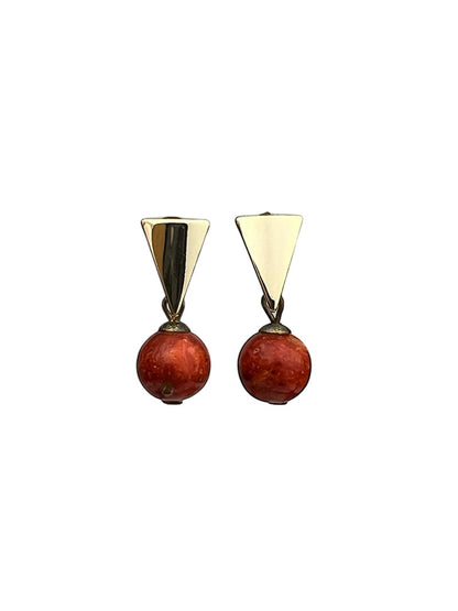 Red Coral Triangle Drop Earrings, Gold Plated