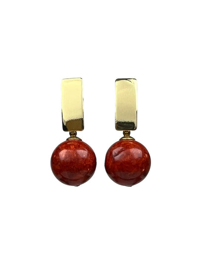 Red Coral Rectangle Drop Earrings, Gold Plated