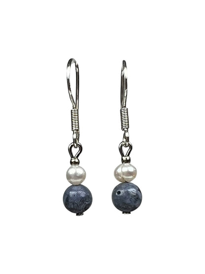 Blue Coral and Pearl Drop Earrings, Silver-Tone