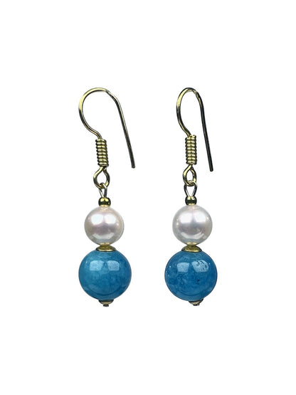 Blue Agate and Pearl Drop Earrings, Gold Plated