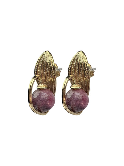 Pink Tourmaline Leaf Stud Earrings, Gold Plated